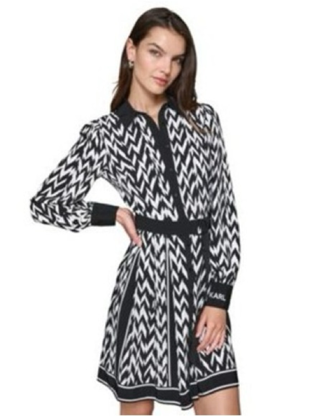 Karl Lagerfeld Black & White Chevron Long-Sleeve Fit-and-Flare Dress